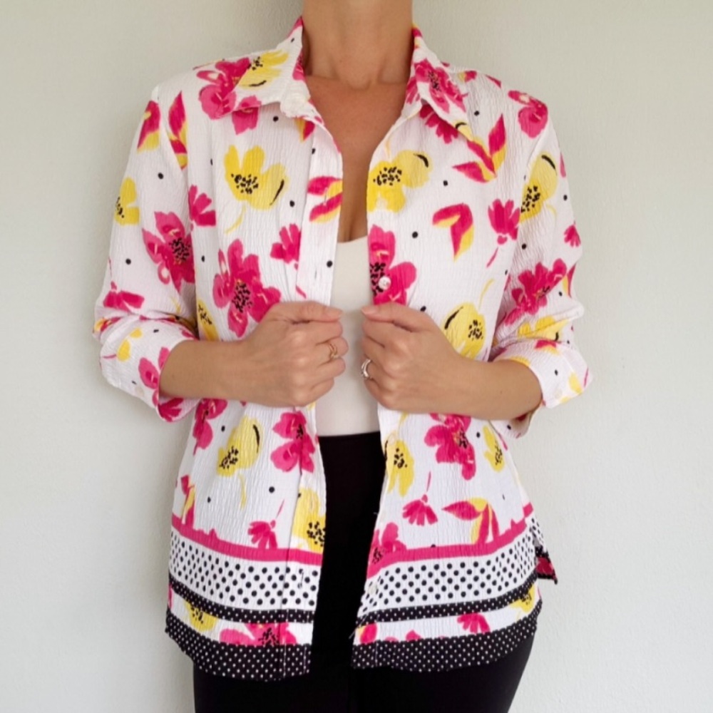 ALIA Petite pink yellow floral lightweight crepe button down blouse size 10
